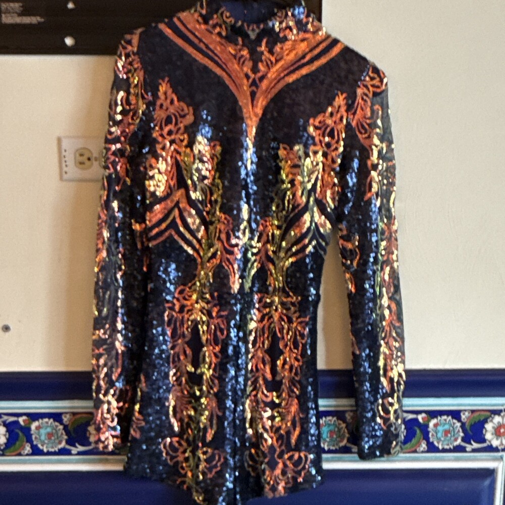 Banjul Women’s Blue/Gold Sequin Romper Long Sleeve